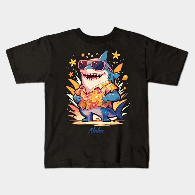 Aloha Shark Shirt | Hawaiian Style Shark Tee | Beach Lover's Apparel Kids T-Shirt by Indigo Lake